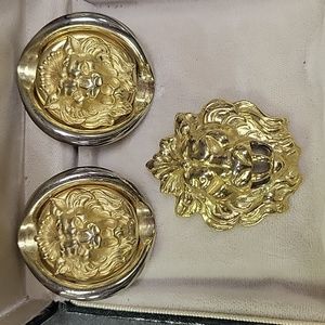 Vintage Lion clip-on earrings and pin set